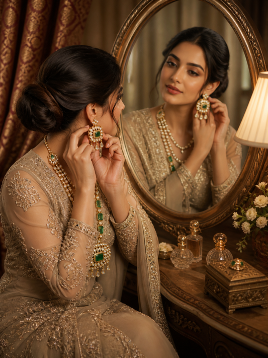 Archie - Royal Kundan Polki Necklace Set with Emerald Accents