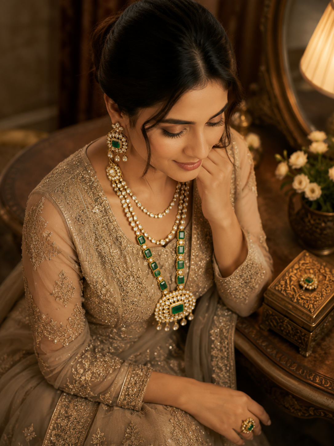 Archie - Royal Kundan Polki Necklace Set with Emerald Accents