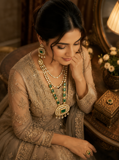 Archie - Royal Kundan Polki Necklace Set with Emerald Accents