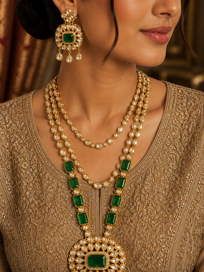 Archie - Royal Kundan Polki Necklace Set with Emerald Accents
