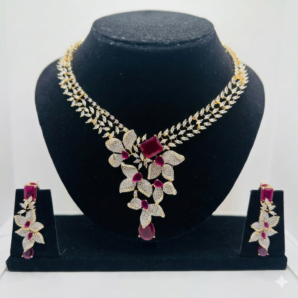 Flower inspired American Diamond dual toned with Rubi colored stone set for evening gowns