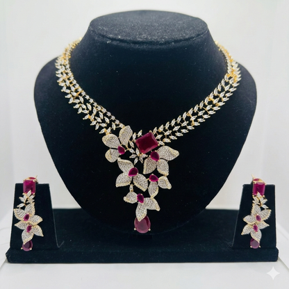 Flower inspired American Diamond dual toned with Rubi colored stone set for evening gowns