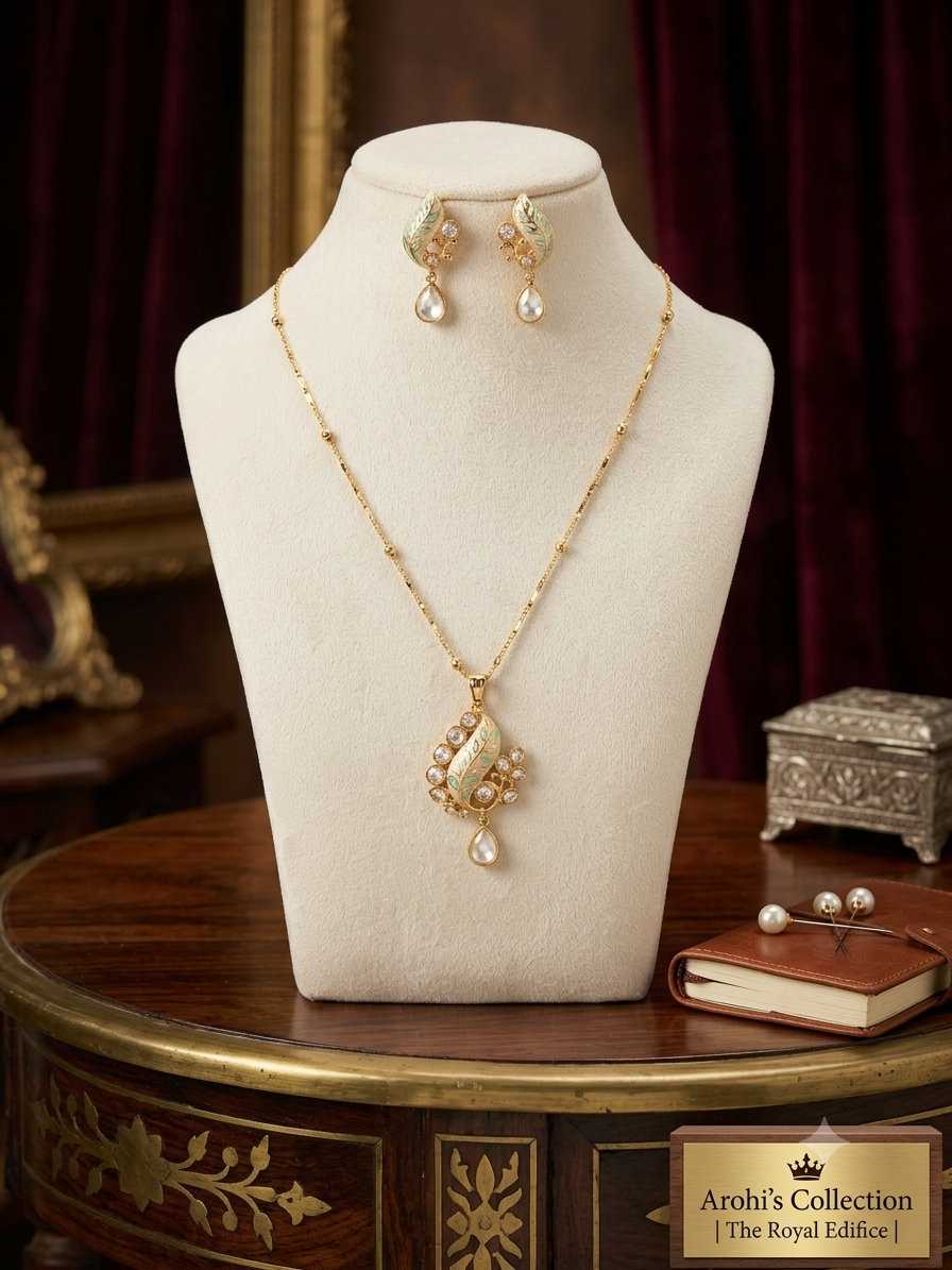 Meenakari Leaf and Pearl Pendant Set