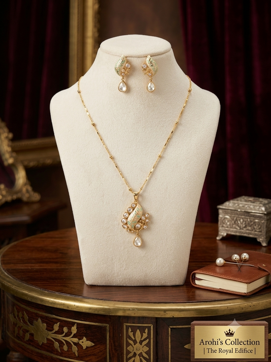 Meenakari Leaf and Pearl Pendant Set