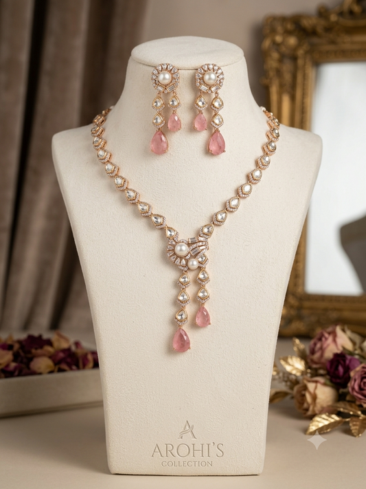 The Royalty Collection -Blush Rose Pearl & Uncut Polki Necklace Set