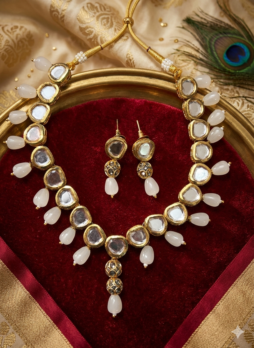 Elegant Kundan with Meena Work Jewelry Set with White Accents