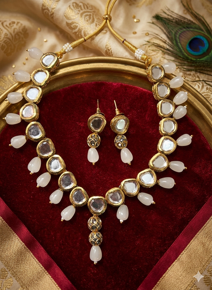 Elegant Kundan with Meena Work Jewelry Set with White Accents