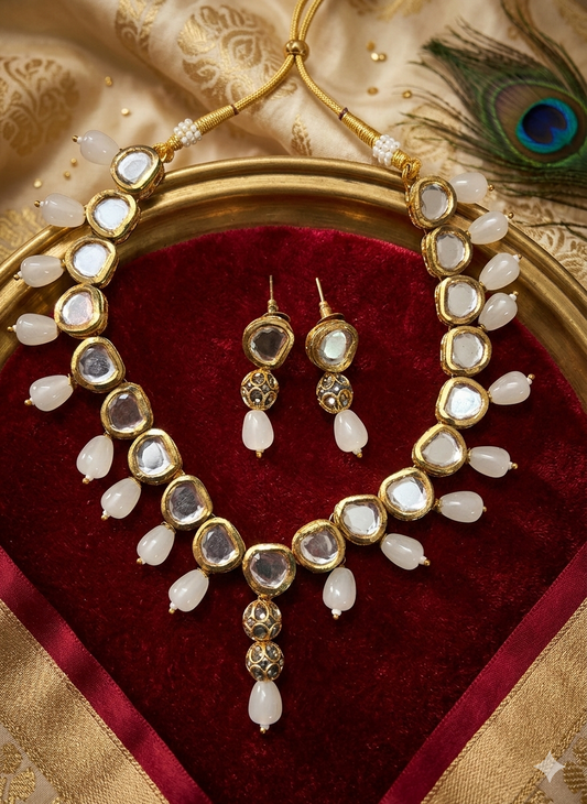 Elegant Kundan with Meena Work Jewelry Set with White Accents