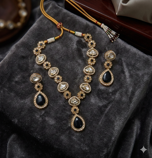 Elegant Kundan Jewelry Set with Black Stone Accents