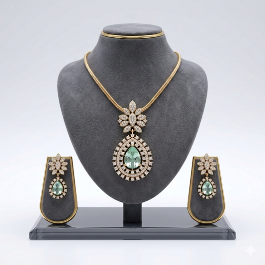 Green Doublett and American Diamond Jewelry Set