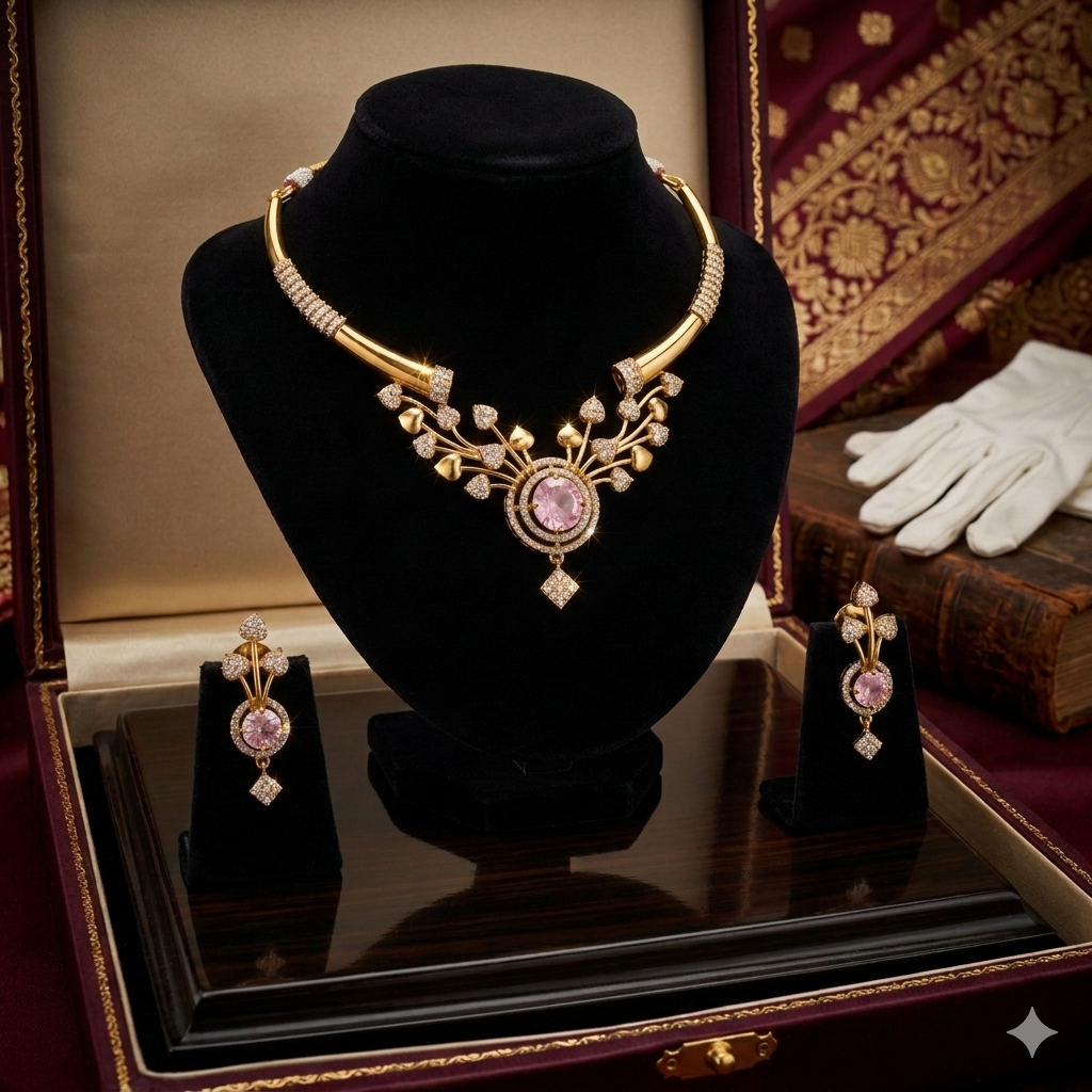 Floral design Antique Gold toned Jewelry set with pink stone