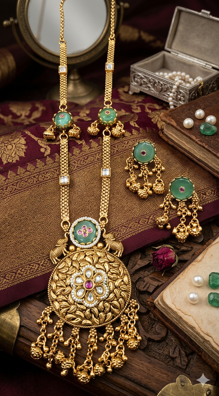Elegant Antique Gold Plated Jewelry Set with Green Accents