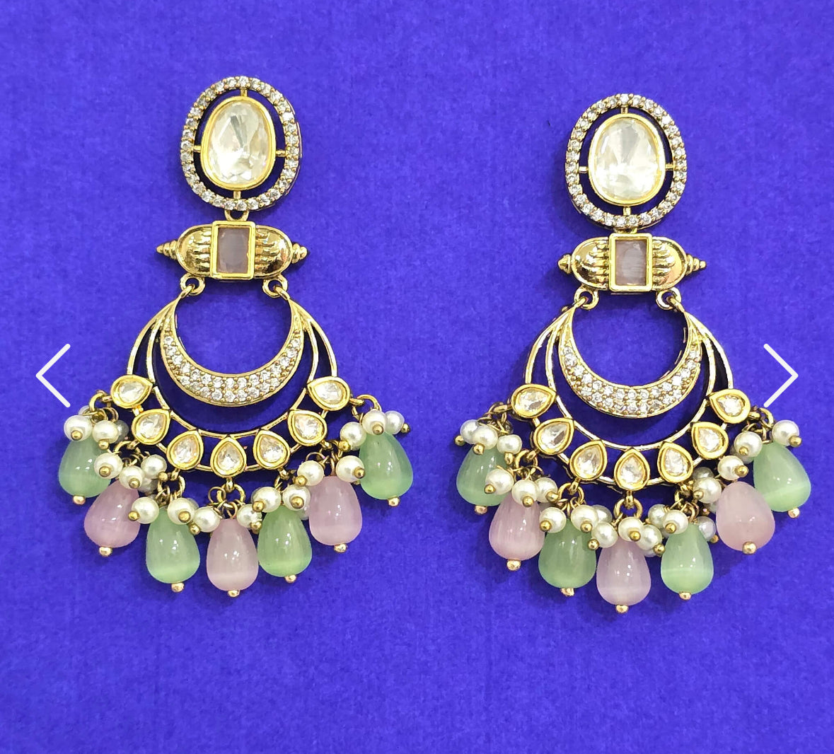 Kundan Polki Chandbali Earrings with mehndi Plating