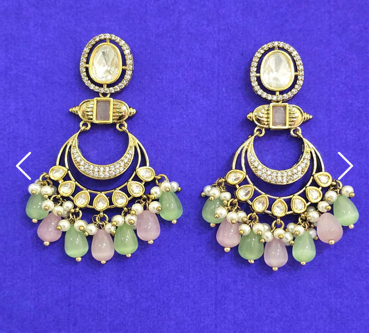 Kundan Polki Chandbali Earrings with mehndi Plating
