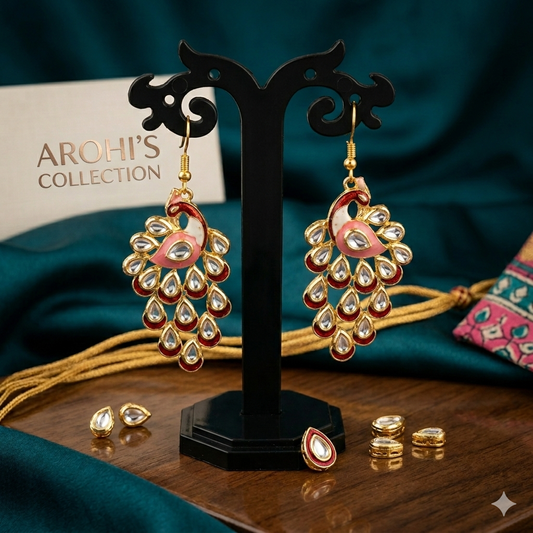 Peacock Design Earrings - Pink -Maroon Color