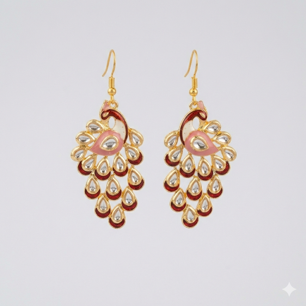 Peacock Design Earrings - Pink -Maroon Color