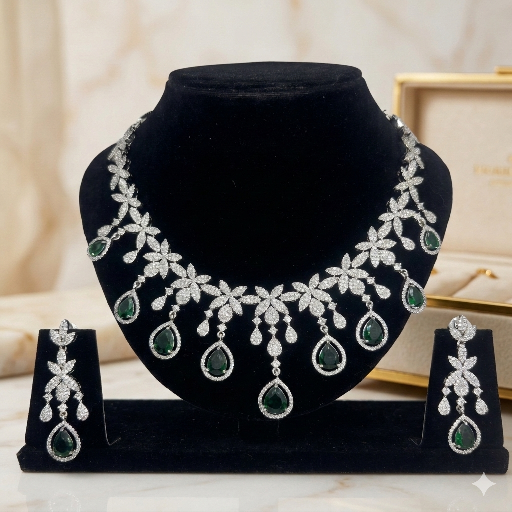 Intricate floral and leaf motifs crafted from brilliant-cut marquise crystals