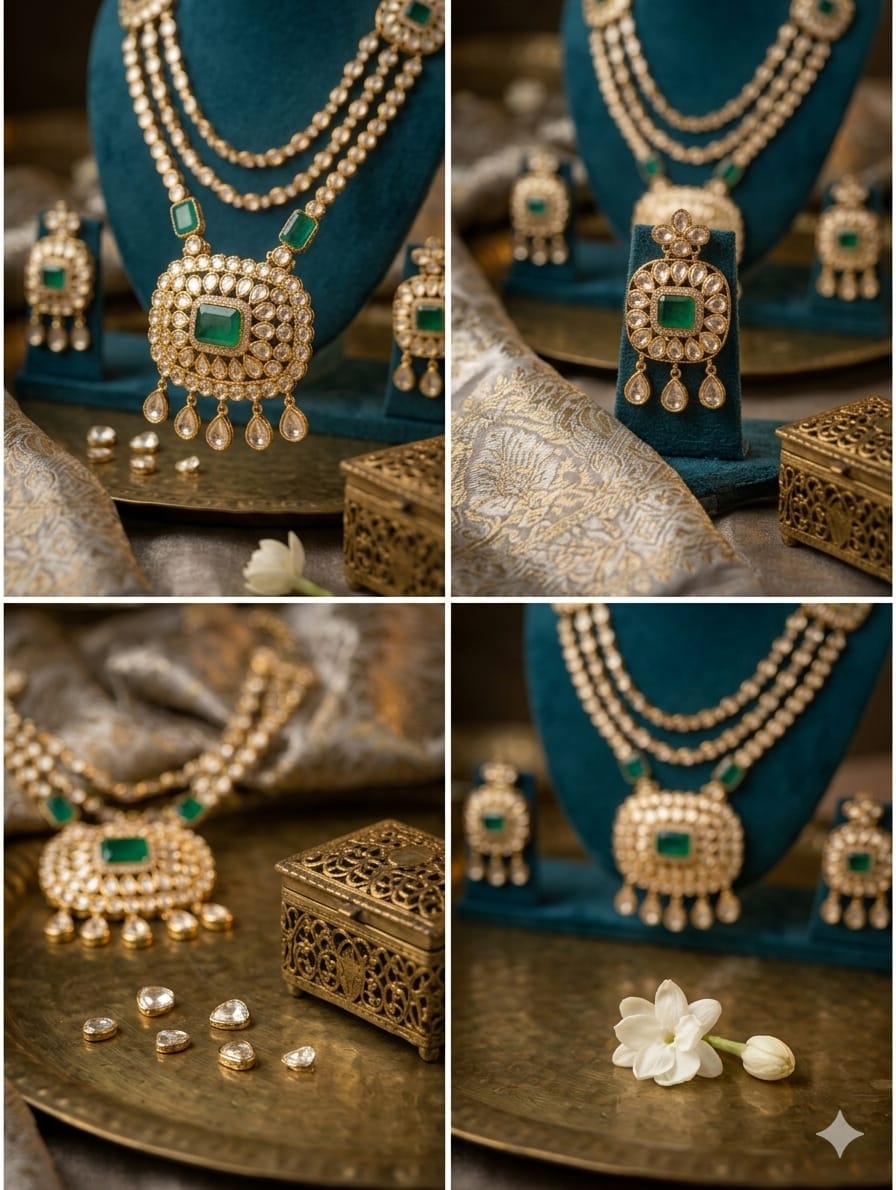 Archie - Royal Kundan Polki Necklace Set with Emerald Accents