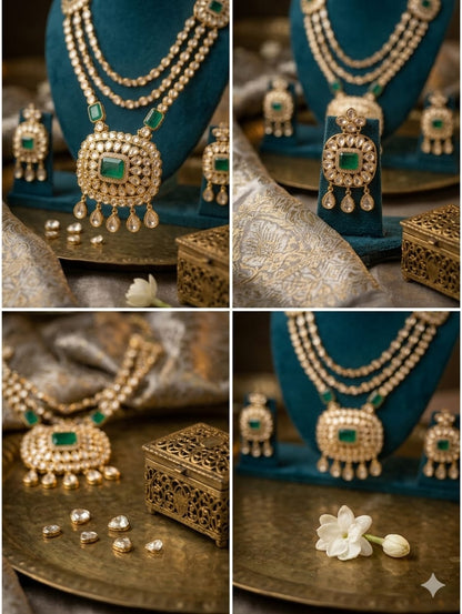 Archie - Royal Kundan Polki Necklace Set with Emerald Accents