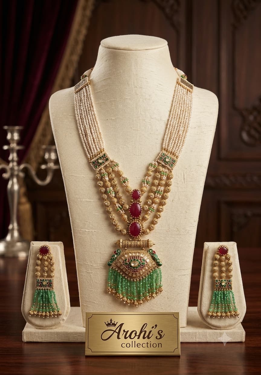 Gaurika - Maharani Pearl & Emerald Layered Haar Set with Statement Pendant