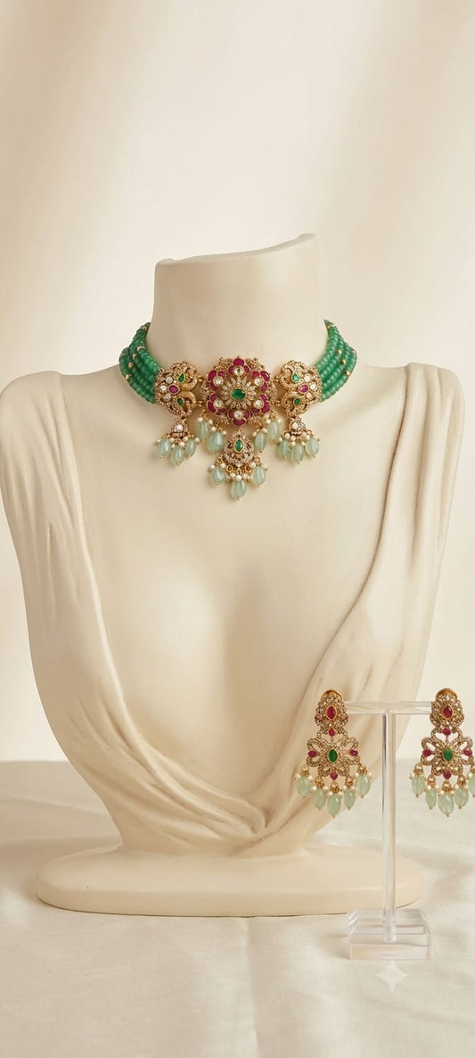 Lakshmika - Royal Emerald & Ruby Beaded Choker Set