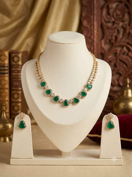 Harika - Royal Emerald & Cubic Zirconia Statement Necklace Set
