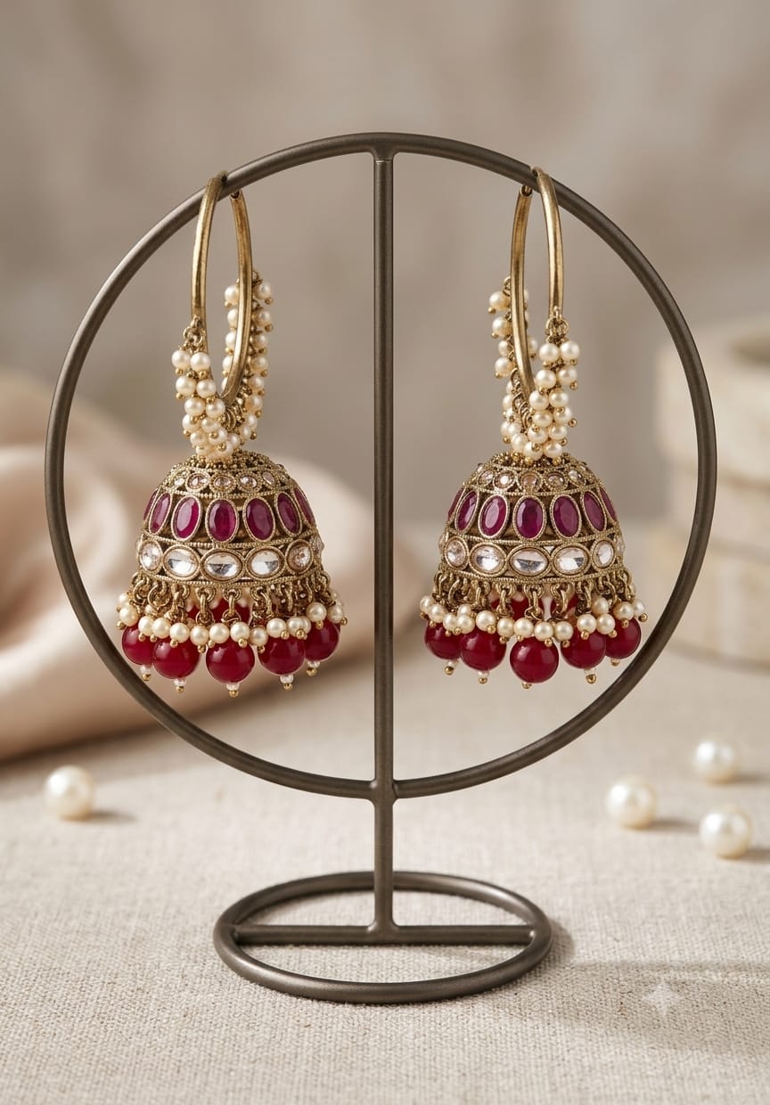 Elegant Pearl and Red Stone Jhumka Earrings
