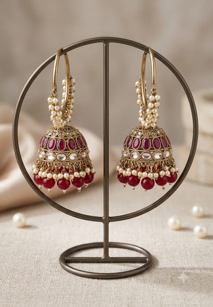 Elegant Pearl and Red Stone Jhumka Earrings