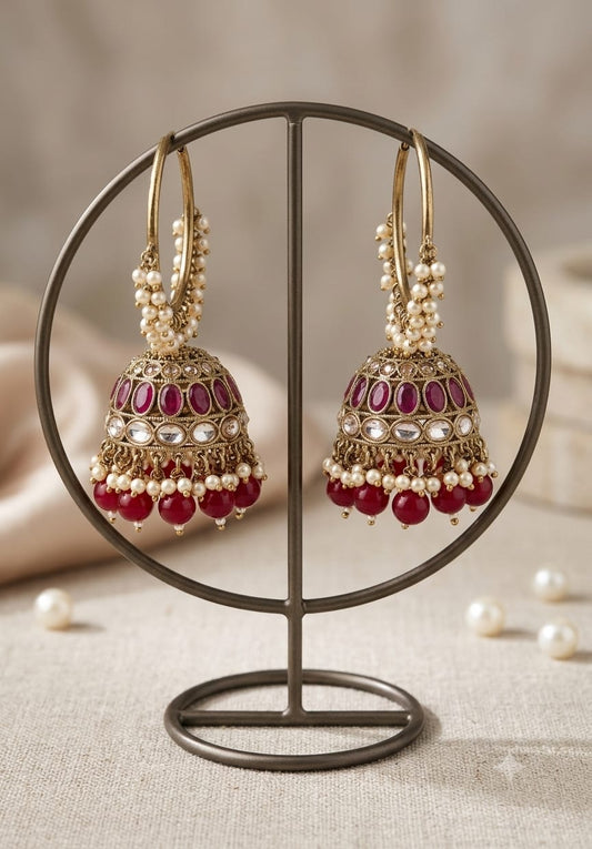 Elegant Pearl and Red Stone Jhumka Earrings