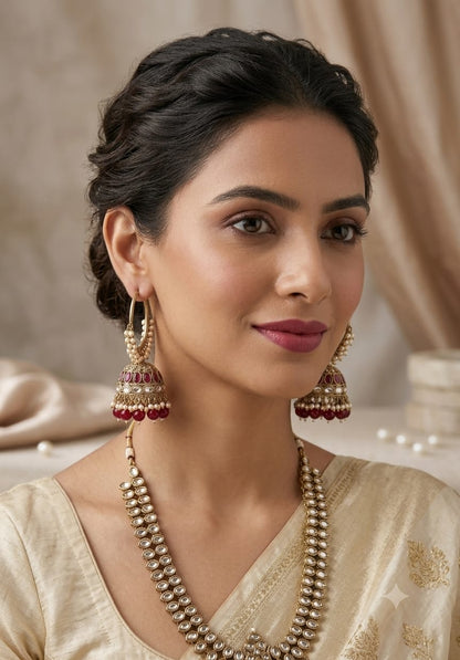 Elegant Pearl and Red Stone Jhumka Earrings