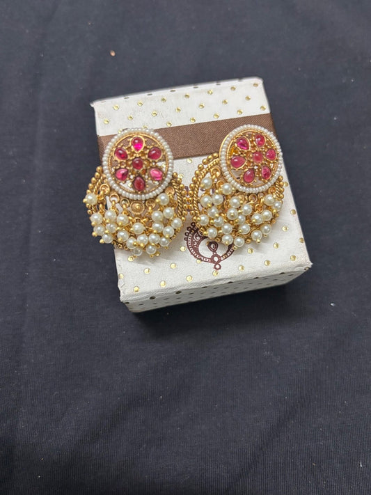 Elegant Pearl and Red Stone Earrings