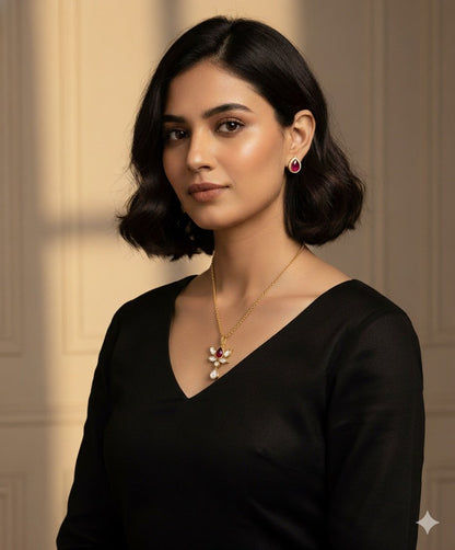 Moissanite & Rubi coloured Kundan Pendant Jewelry Set