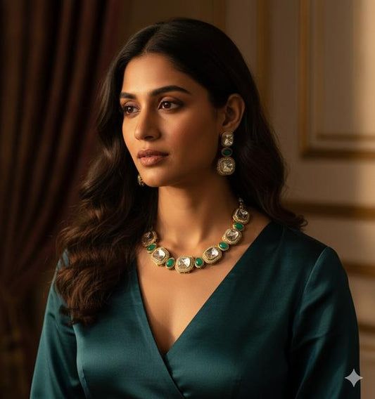 Kundan Jewelry Set with Green Accents