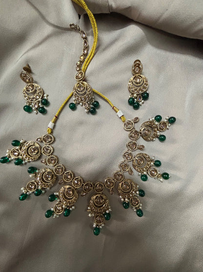 Elegant Kundan Jewelry Set with Green Beads