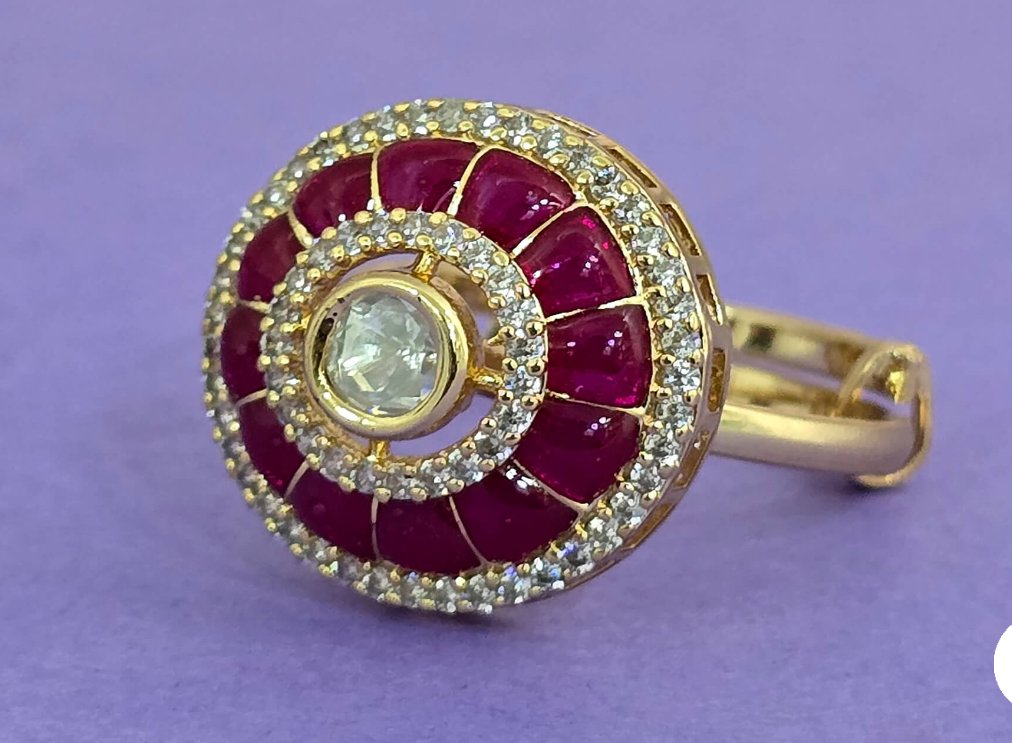 Kundan with American Diamond and Red Stone Ring