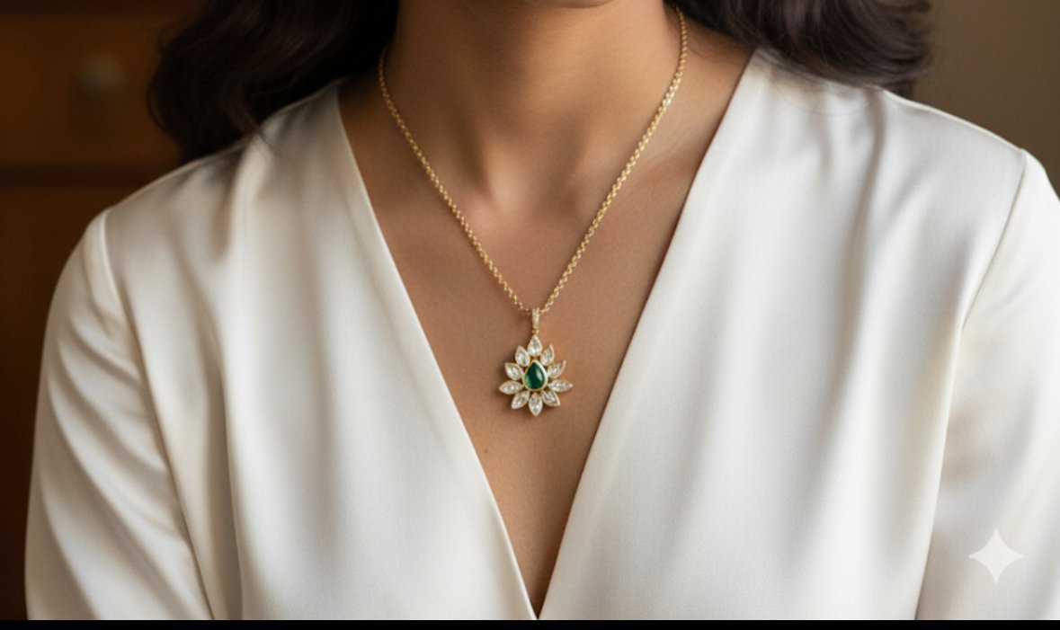 Lotus Inspired Moissanite Pendant Necklace with Green Kundan