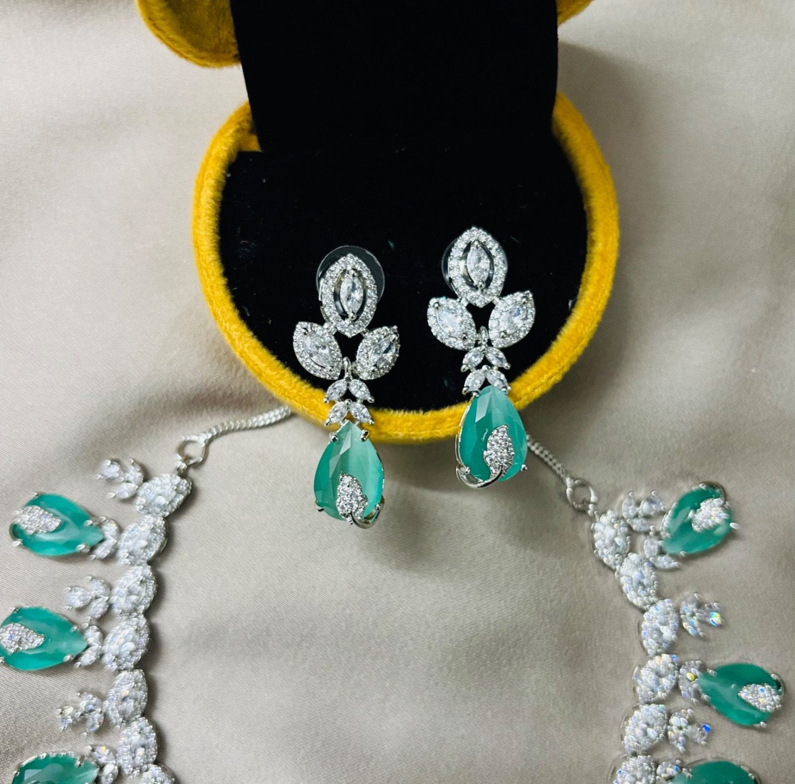 Precious Queen Style American Diamond and Green Stone Jewelry Set