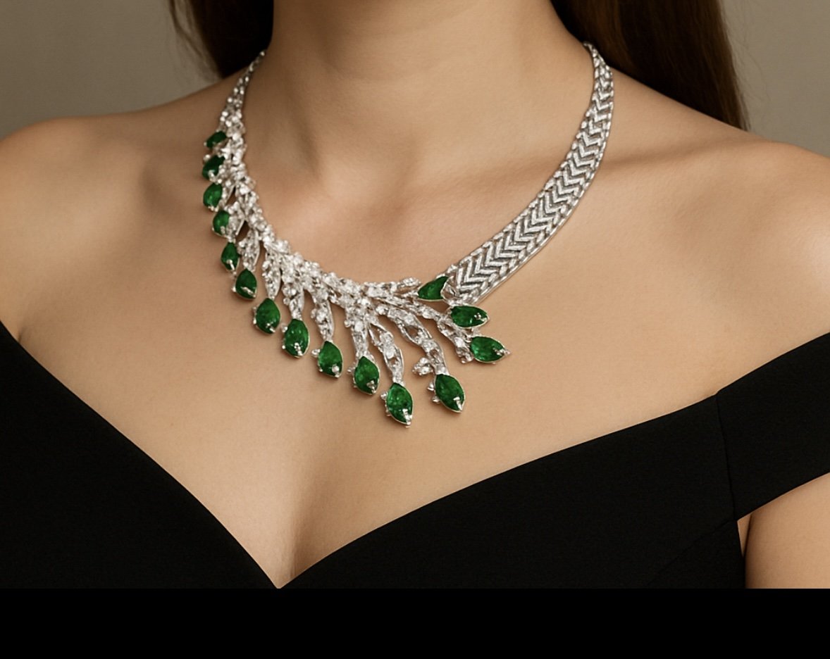 Premium Silver-Tone Necklace with Green Accents