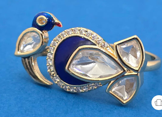 Peacock Design Kundan and American Diamond Ring