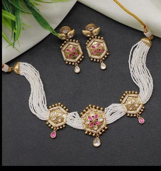 Elegant Polki Kundan Choker Set with Beaded Necklace and Earrings