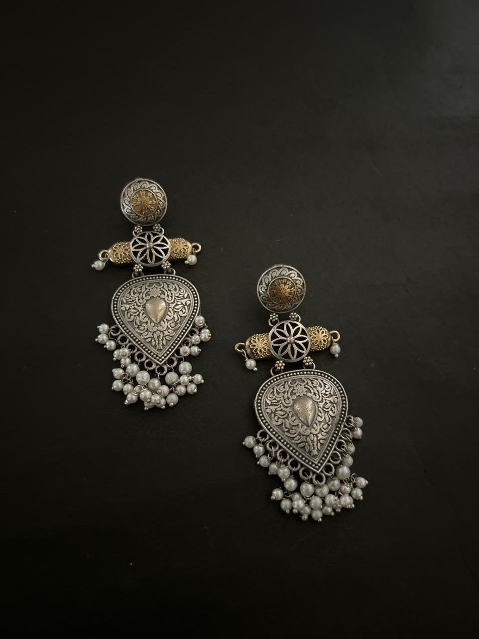 Oxidized Silver-Tone Dangler Earrings with Pearl Accents