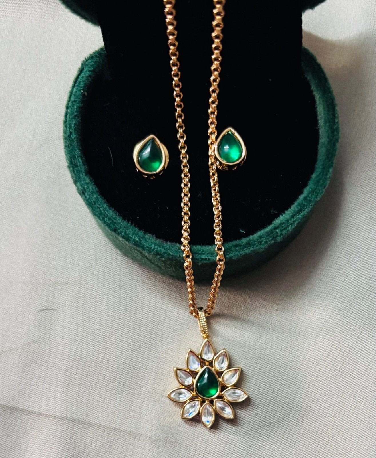 Lotus Inspired Moissanite Pendant Necklace with Green Kundan