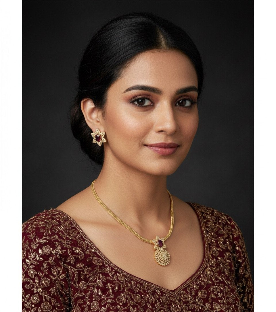 Rubi Toned Stone and American Diamond  Floral Jewelry Set with Pendant