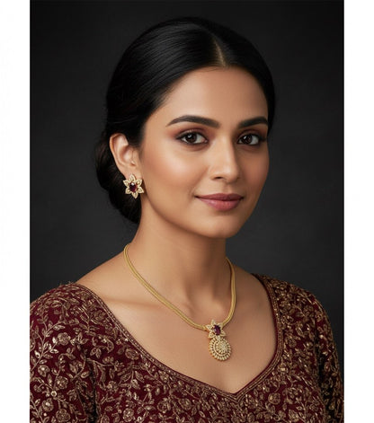 Rubi Toned Stone and American Diamond  Floral Jewelry Set with Pendant