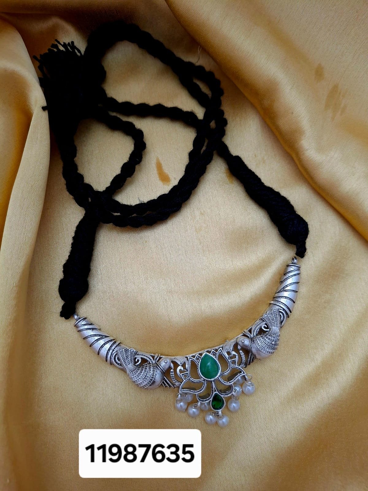 Elegant Oxidized Silver-Tone Necklace with Green Accents