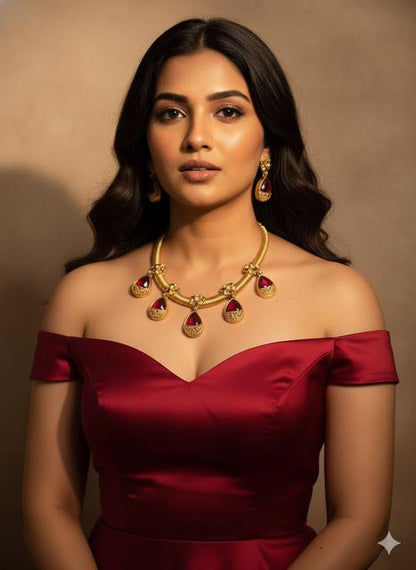 Elegant Maroon and Gold-Tone Jewelry Set