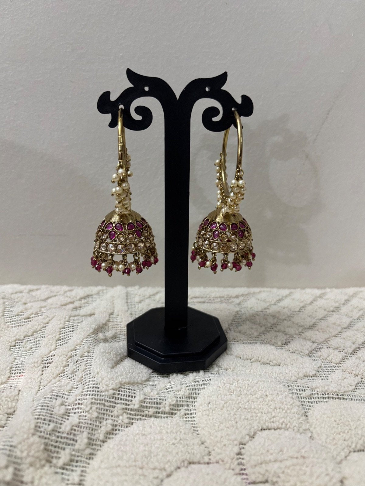 Elegant Pearl and Red Stone Jhumka Earrings