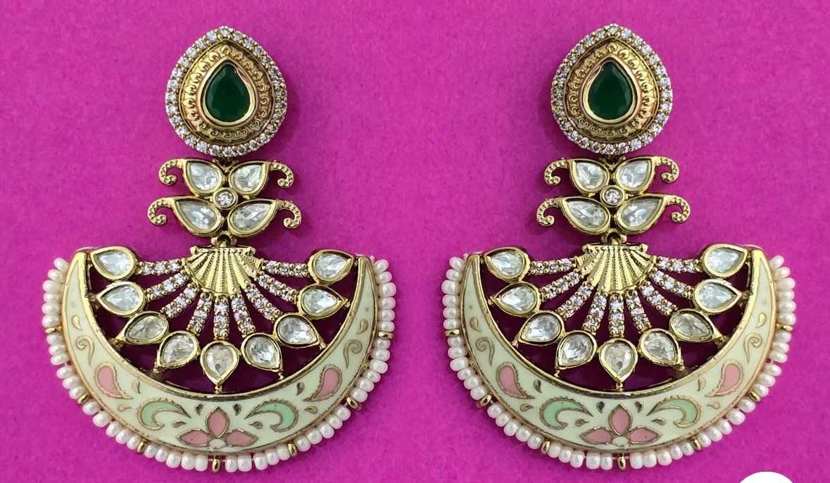 Kundan Polki Chandbali Earrings with Meenakari Work