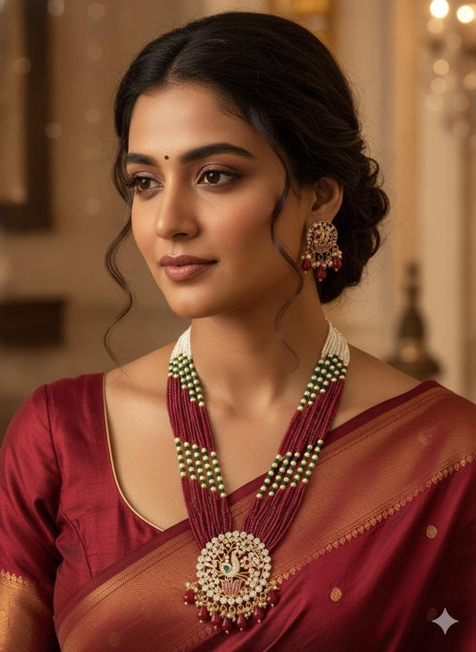 Designer Set Peacock style Beaded Necklace Set with Intricate Earrings