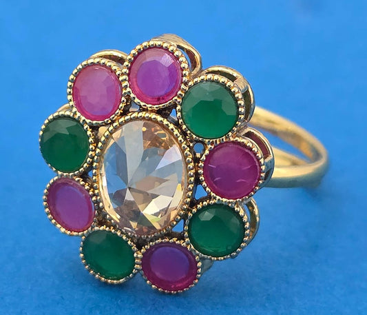 Colorful Floral Design Ring with American Diamond
